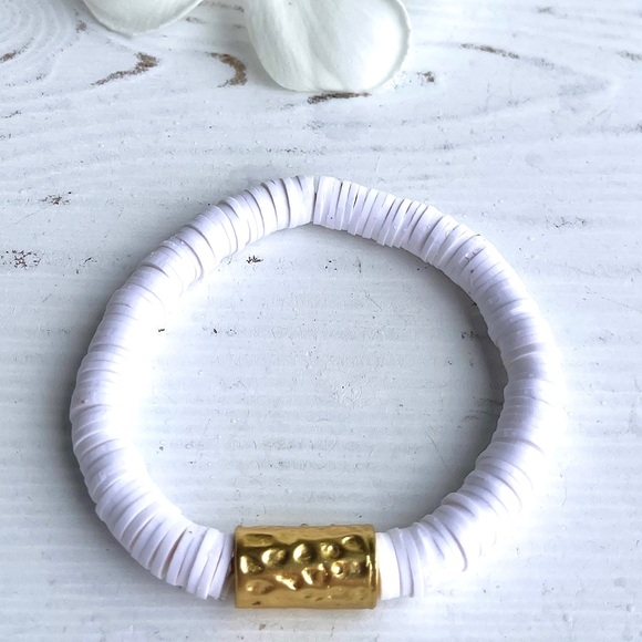 Heishi Bead Bracelet with Gold Tube Accent - White - Picture 3 of 4